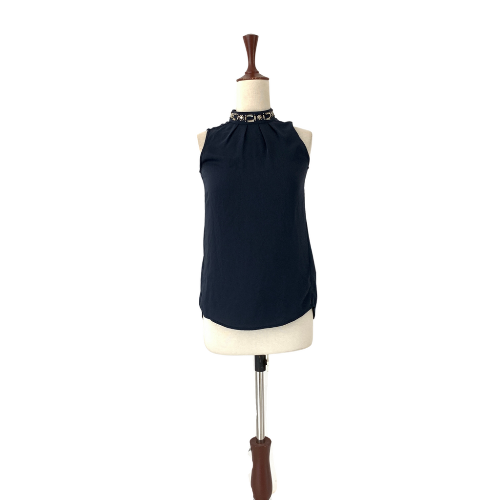 H&M Navy Embellished Rhinestone Neckline Top | Gently Used |