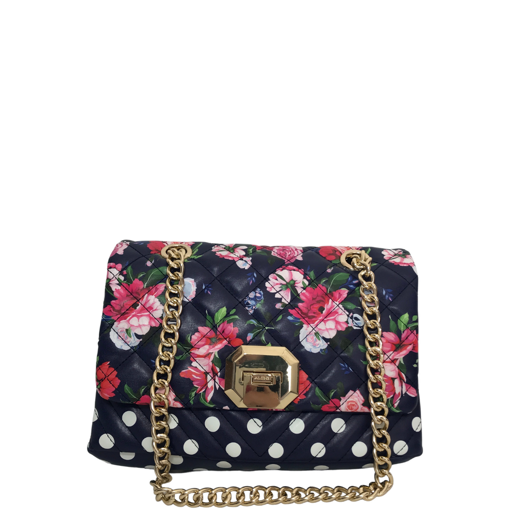 ALDO Blue Polka Dot & Floral Gold Chain Shoulder Bag | Brand New |