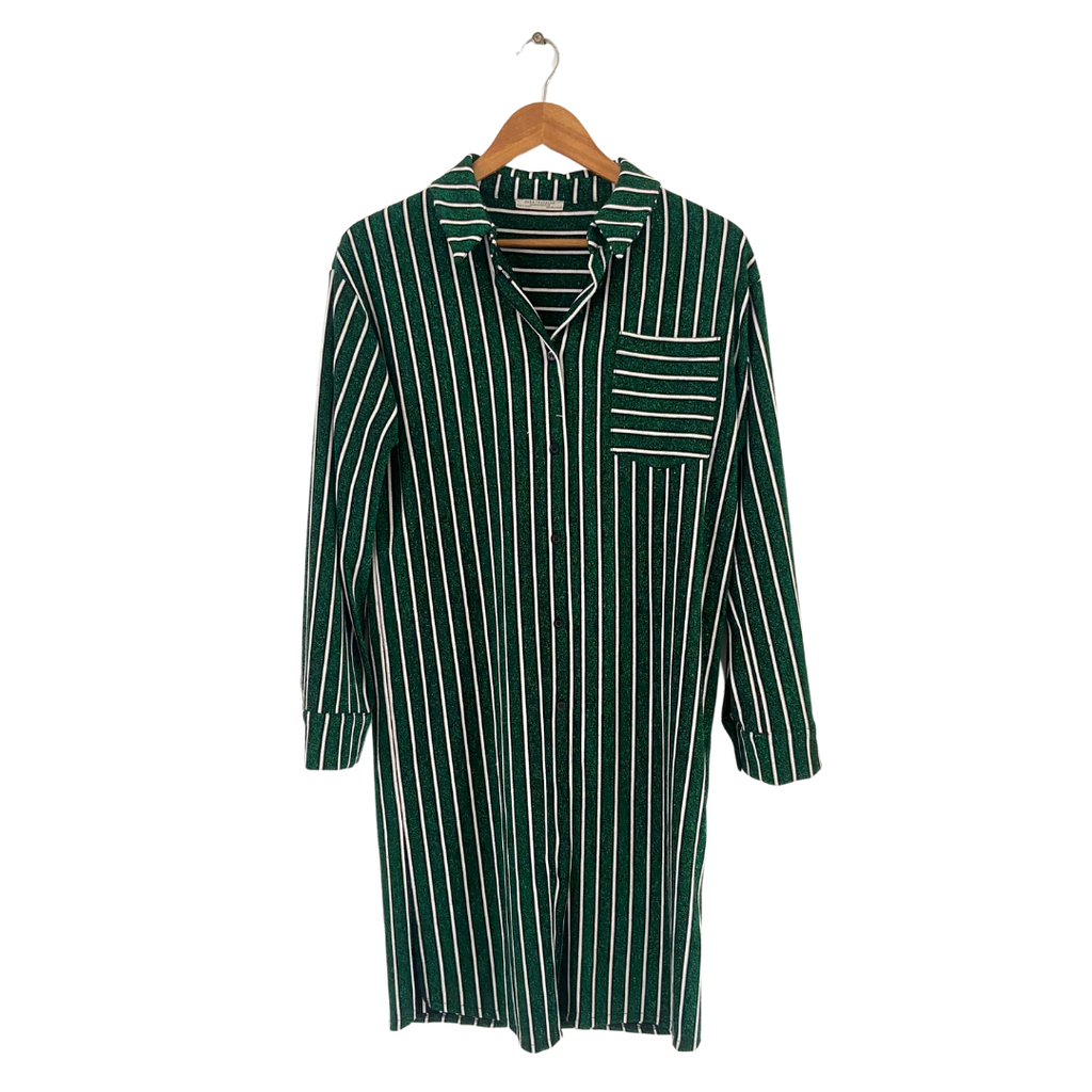 ZARA Green Glitter Striped Collared Long Shirt | Gently Used |