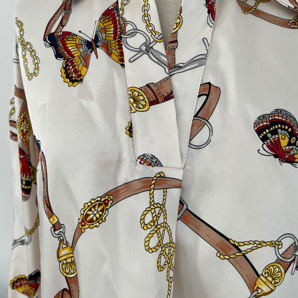ZARA Cream Butterfly Print V-neck Collared Shirt | Pre Loved |