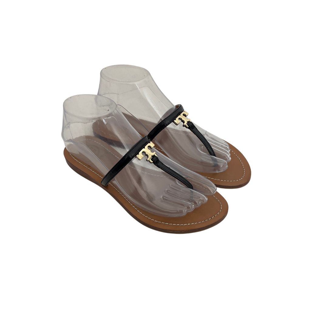 Tory Burch Black T-Logo Black Leather Thong Sandals | Pre Loved |
