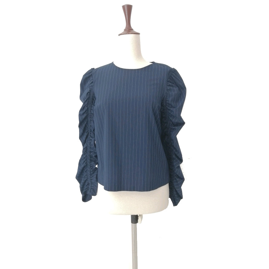 ZARA Navy Pinstripe Puff Sleeves Top