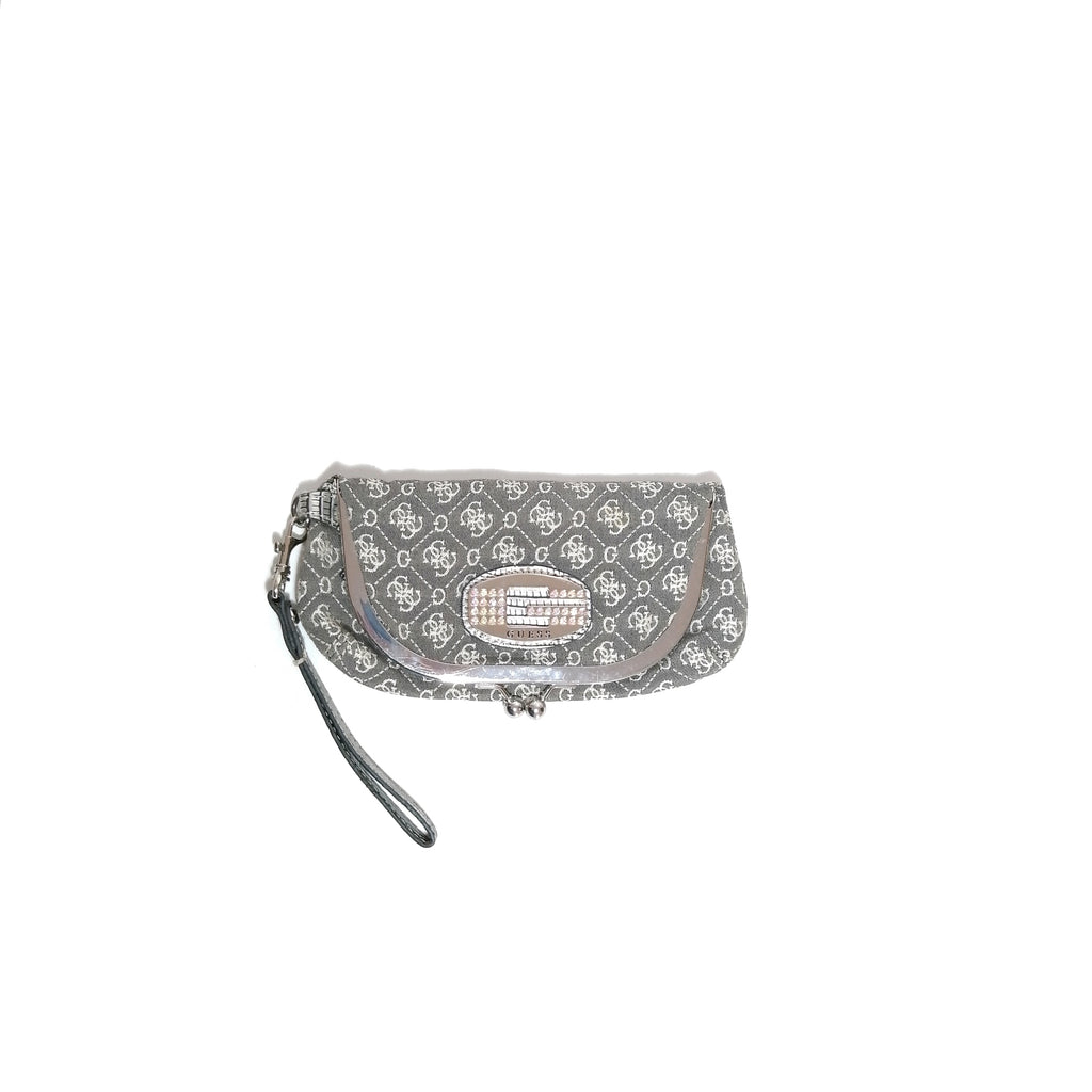 Guess Grey Monogram Canvas & Rhinestone Clutch