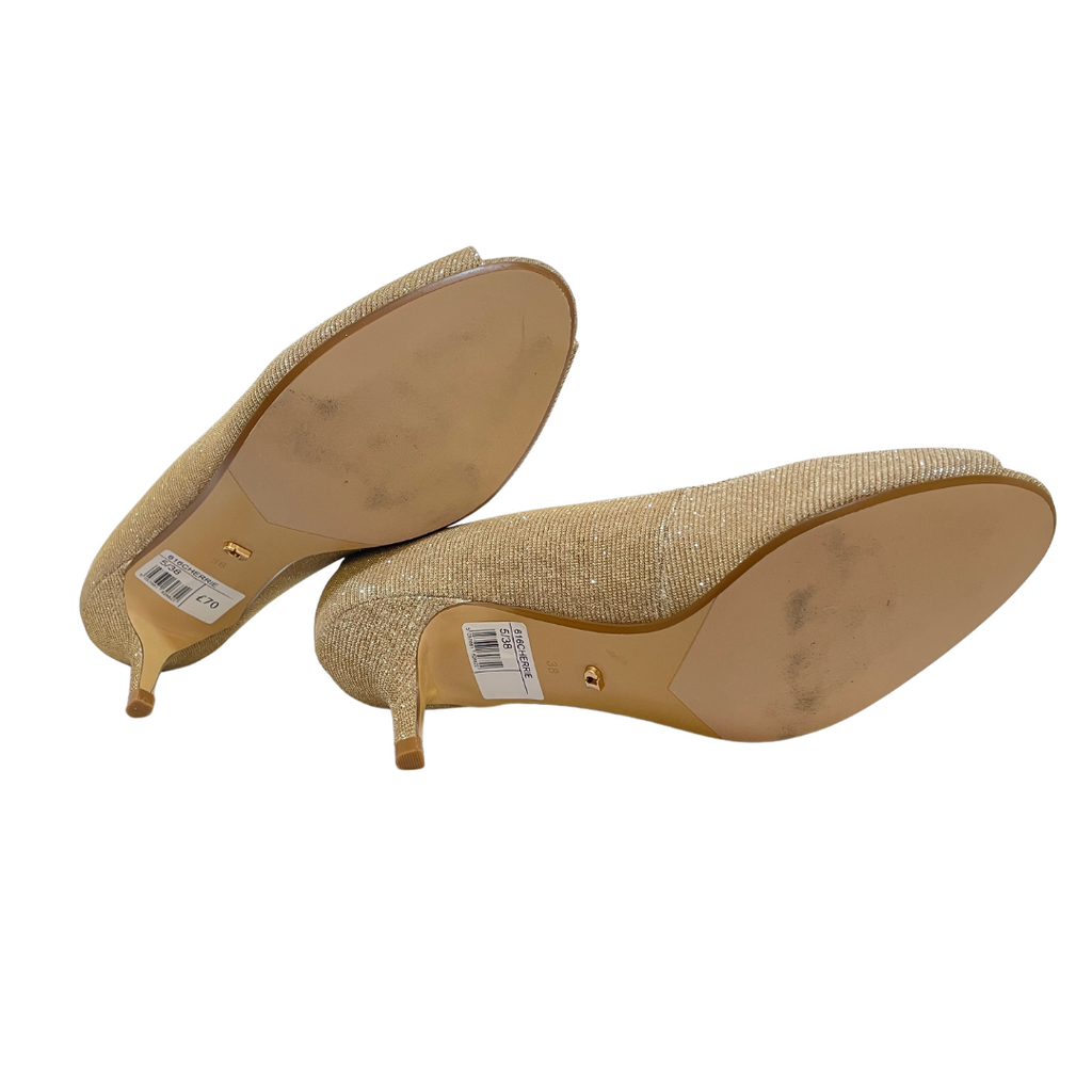 Dune 'CHERRIE' Gold Glitter Fabric Peep-toe Heels | Gently Used |