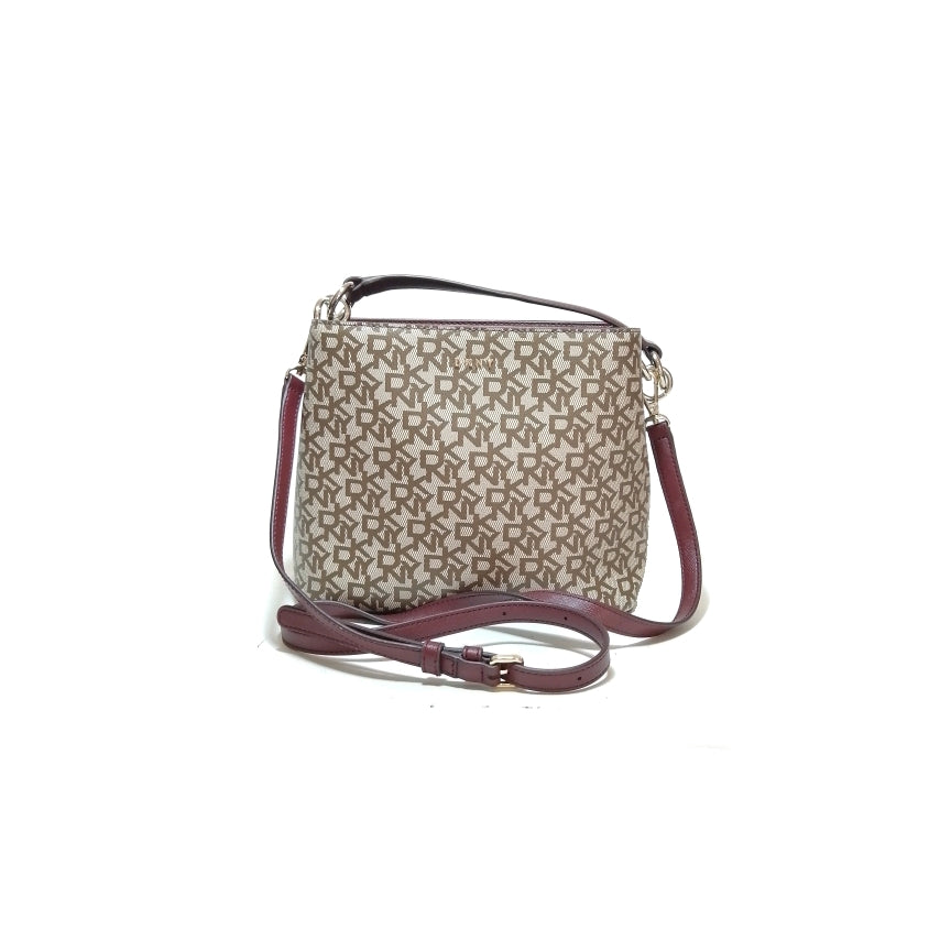 DKNY Monogram Coated Canvas with Maroon Leather Convertible Bag
