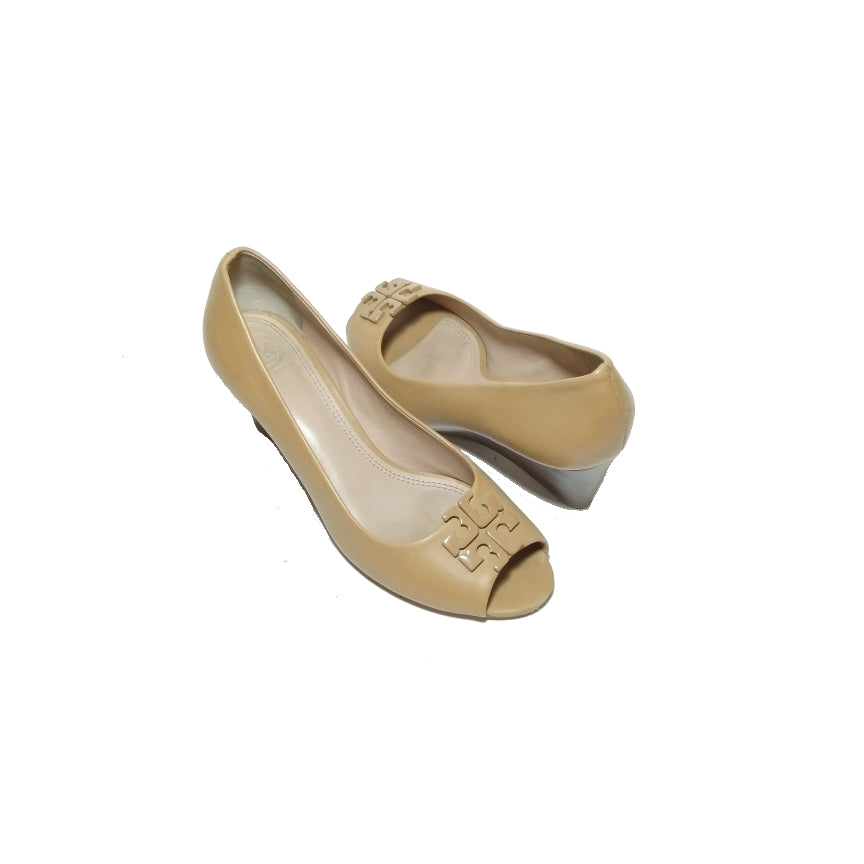 Tory Burch Tan Peep Toe Wedges