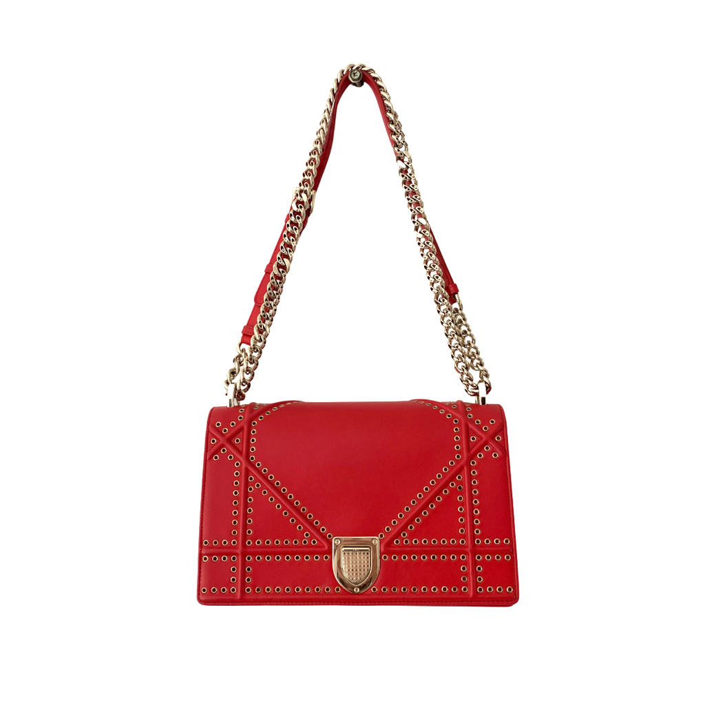 DIOR 'Diorama' Red Leather Gold Eyelets Flap Bag | Gently Used |
