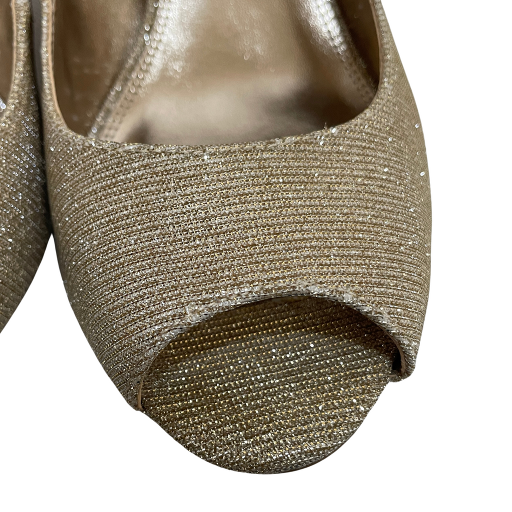 Dune 'CHERRIE' Gold Glitter Fabric Peep-toe Heels | Gently Used |