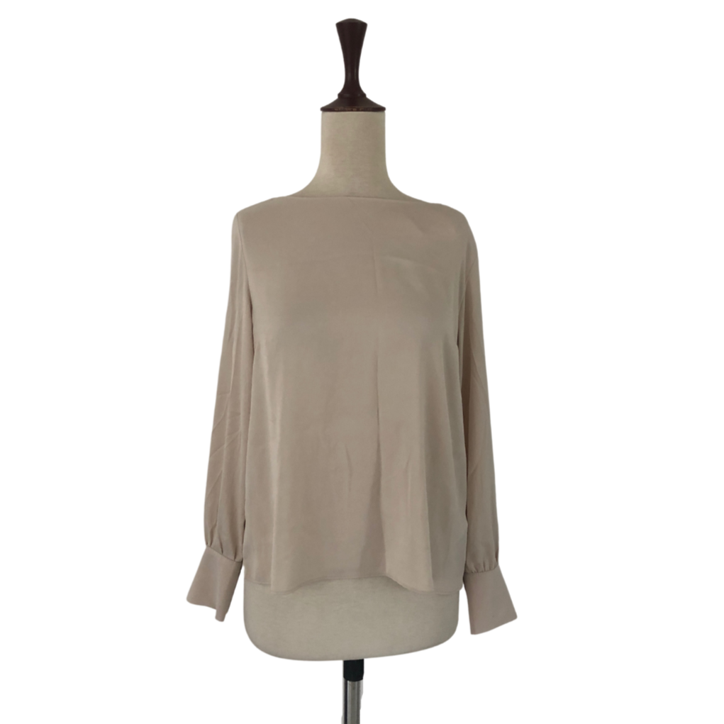 H&M Beige Long-sleeved Round Neck Blouse | Pre Loved |