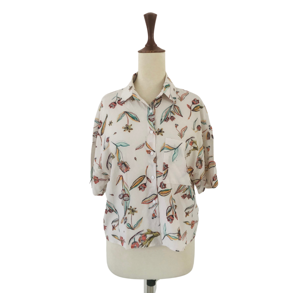 Mango Beige Floral Print Short-Sleeves Shirt | Pre Loved |