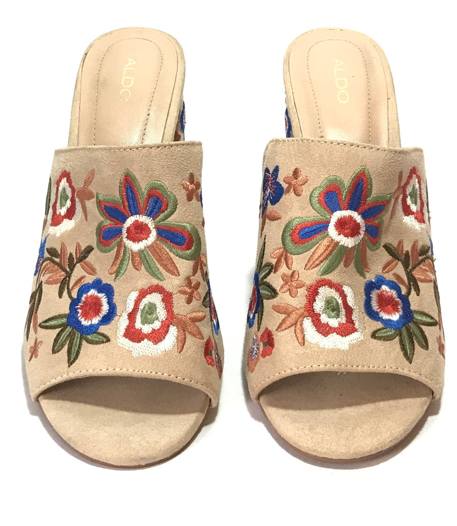ALDO Suede Beige Embroidered Mules | Like New |