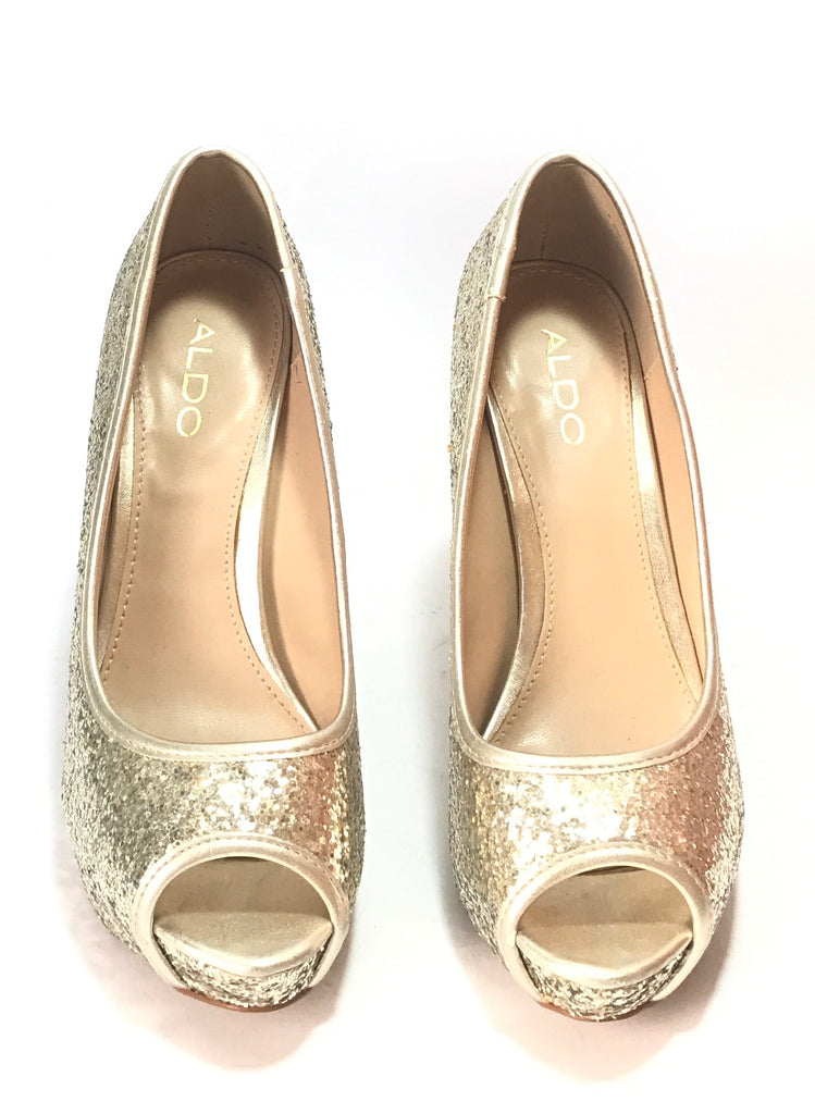 ALDO Gold Glitter Peep Toe Platform Heels | Like New | - Secret Stash