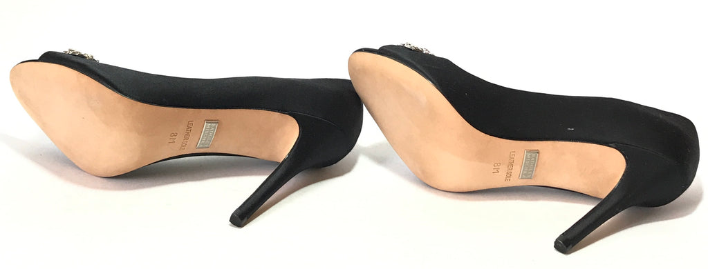 Badgley Mischka Black Satin Rhinestone Peep Toe Heels | Brand New |