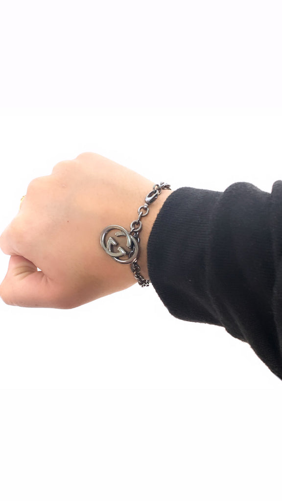 Gucci Silver Hanging Logo Charm Bracelet | Pre Loved |
