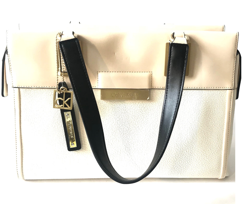 Calvin Klein Beige & White Leather Shoulder Bag | Brand New | - Secret Stash