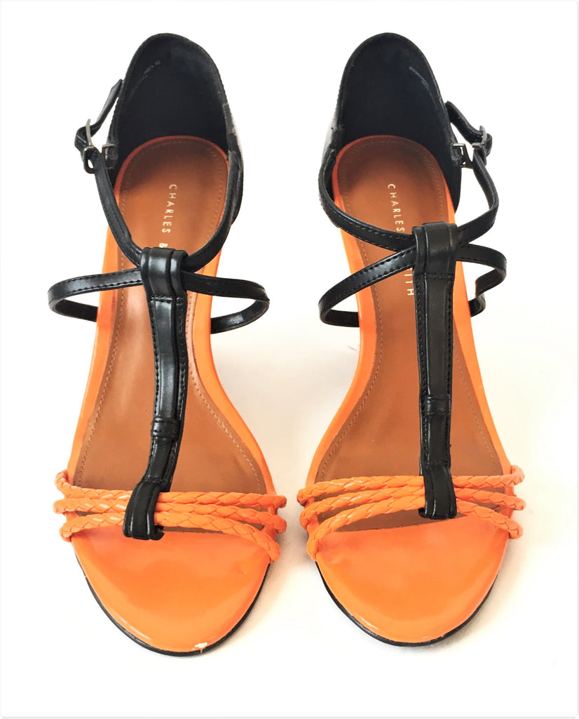 Charles & Keith Black & Orange Leather Wedges | Gently Used | - Secret Stash