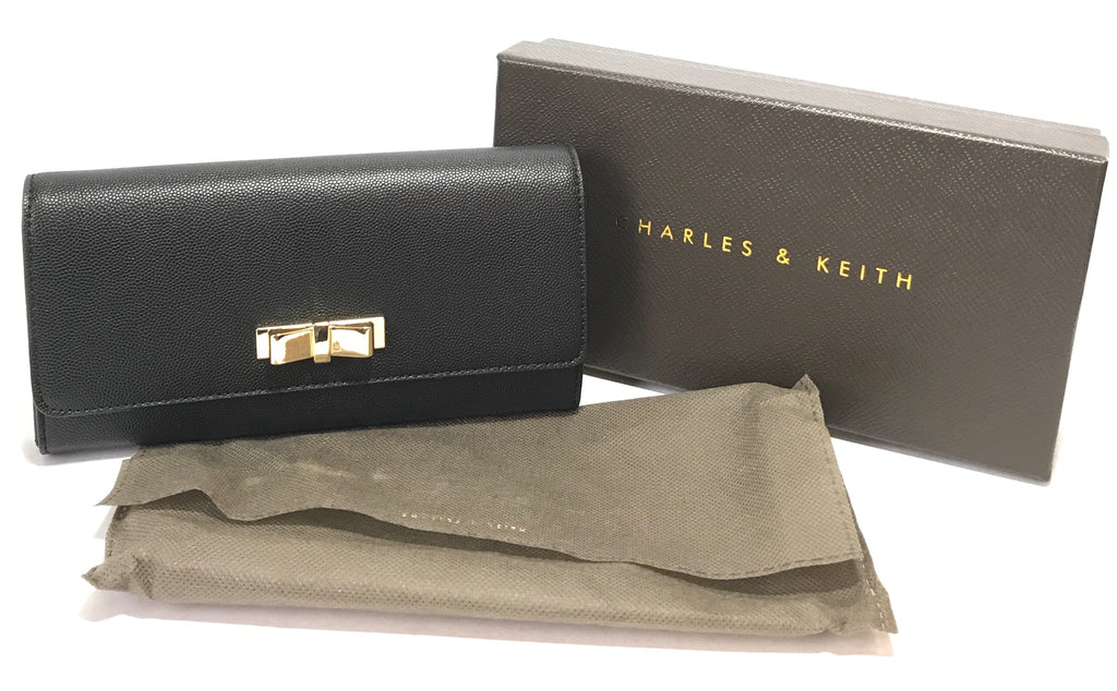 Charles & Keith Black Leather & Gold Bow Wallet | Gently Used |