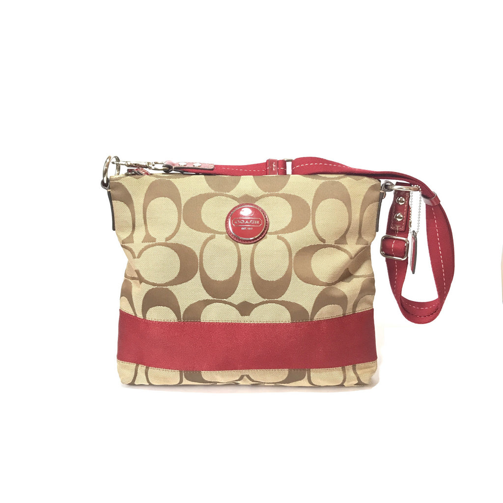 Coach Beige Monogram Canvas with Red Stripe Satchel | Gently Used |