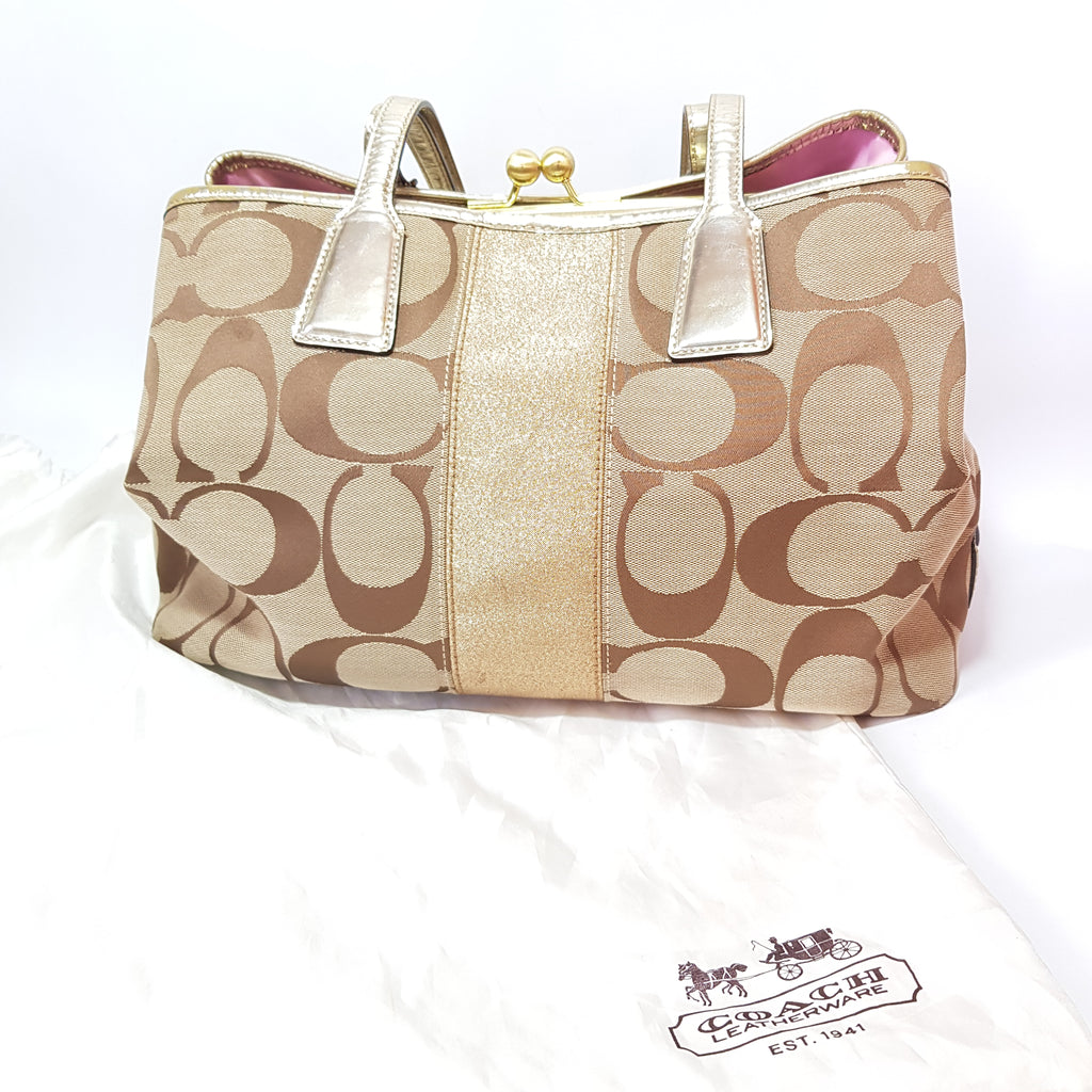 Coach Beige & Gold Monogram Shoulder Bag | Pre Loved |