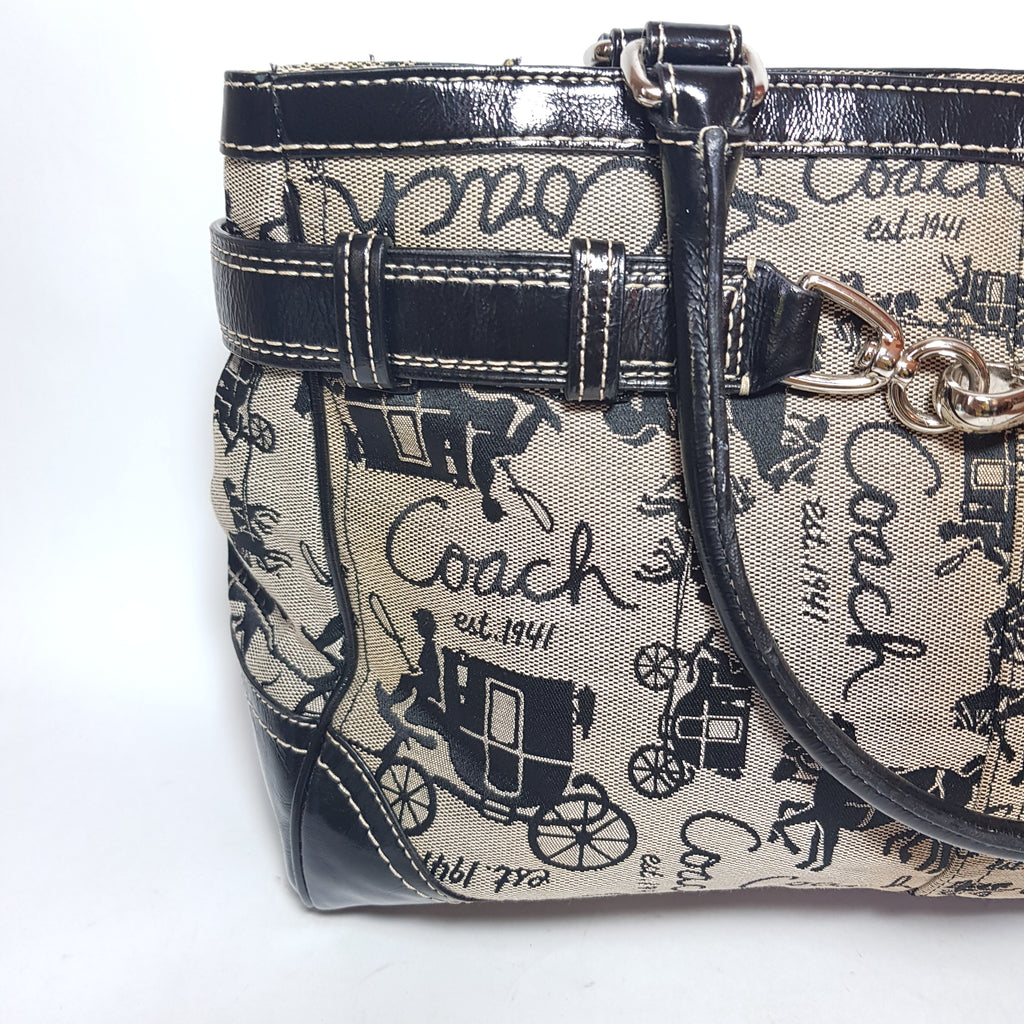 Coach Black & Grey Monogram & Leather Tote | Gently Used |