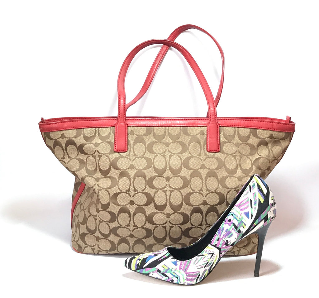 Coach Monogrammed Canvas with Red Leather Trim Tote Pre Loved
