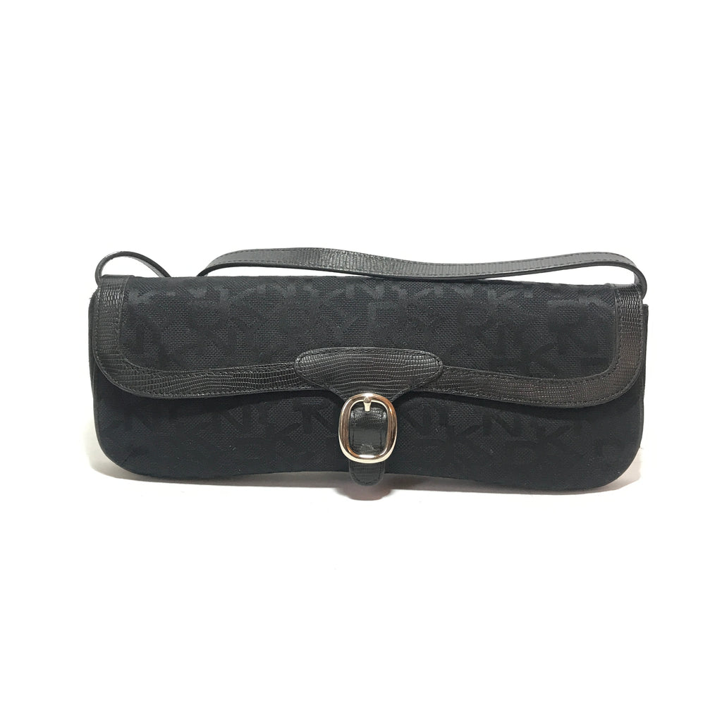 DKNY Black Monogram Canvas & Leather Shoulder Bag | Gently Used |