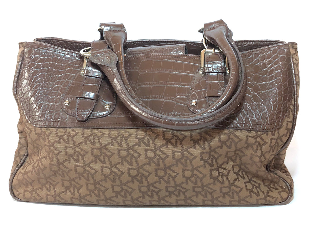 DKNY Monogrammed Brown Canvas with Leather Trim Shoulder Bag | Gently Used |