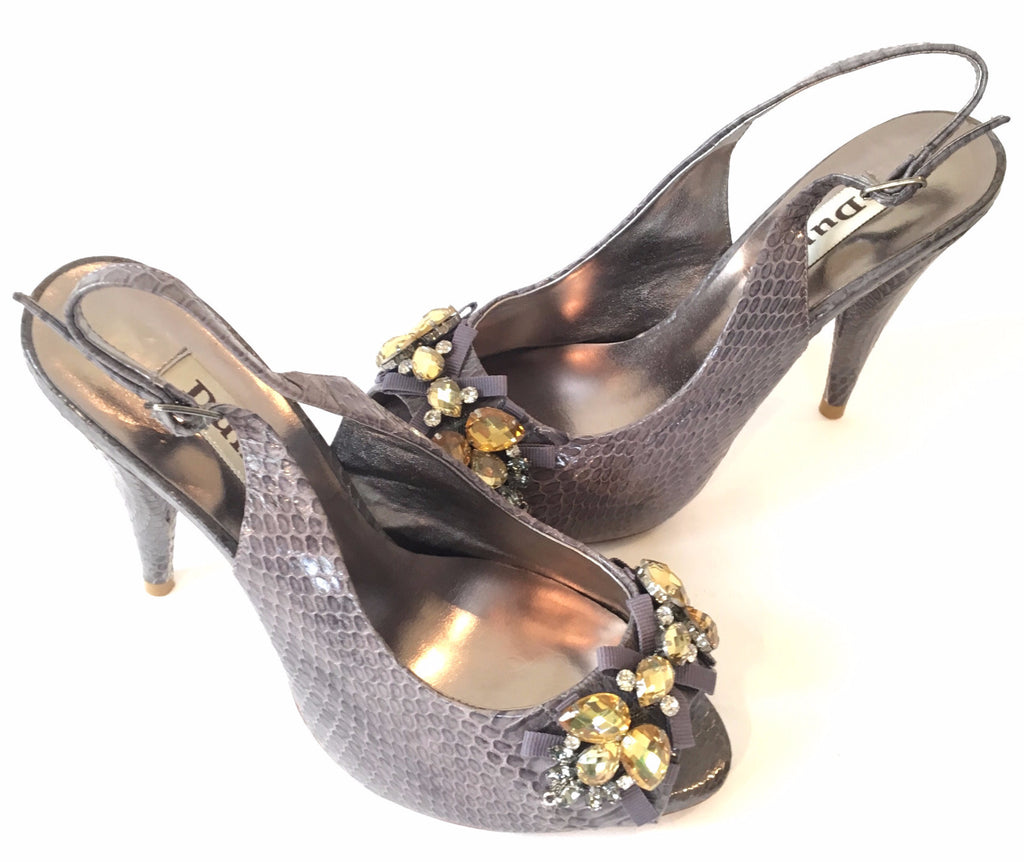 DUNE 'Deaver' Jeweled Pewter Peep-toe Heels | Gently Used |