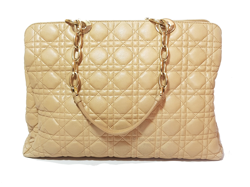 DIOR Beige 'Cannage' Quilted Lambskin Leather Tote Bag | Pre Loved |