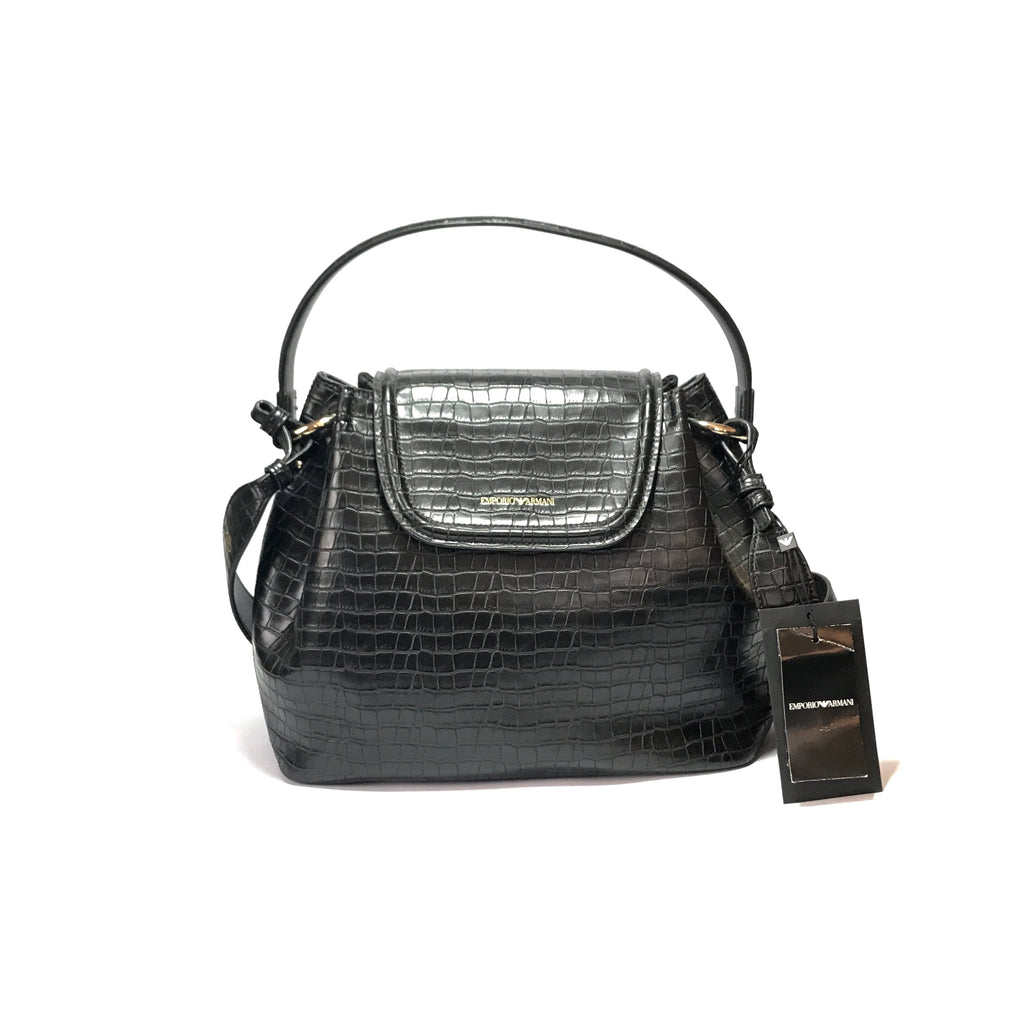 Emporio Armani Black Croc Print Shoulder Bag  | Brand New |