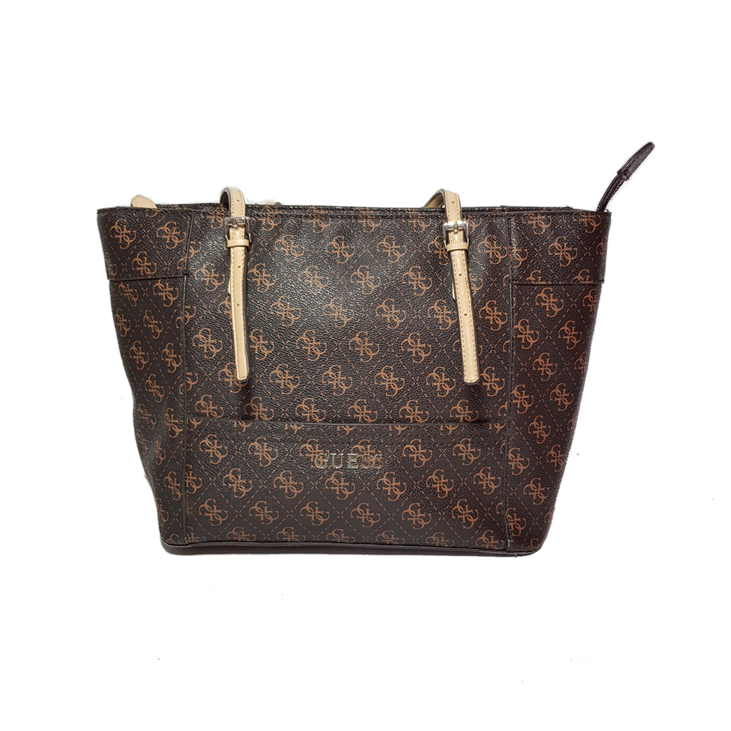 Guess Monogram Coated Canvas Brown Tote | Pre Loved |