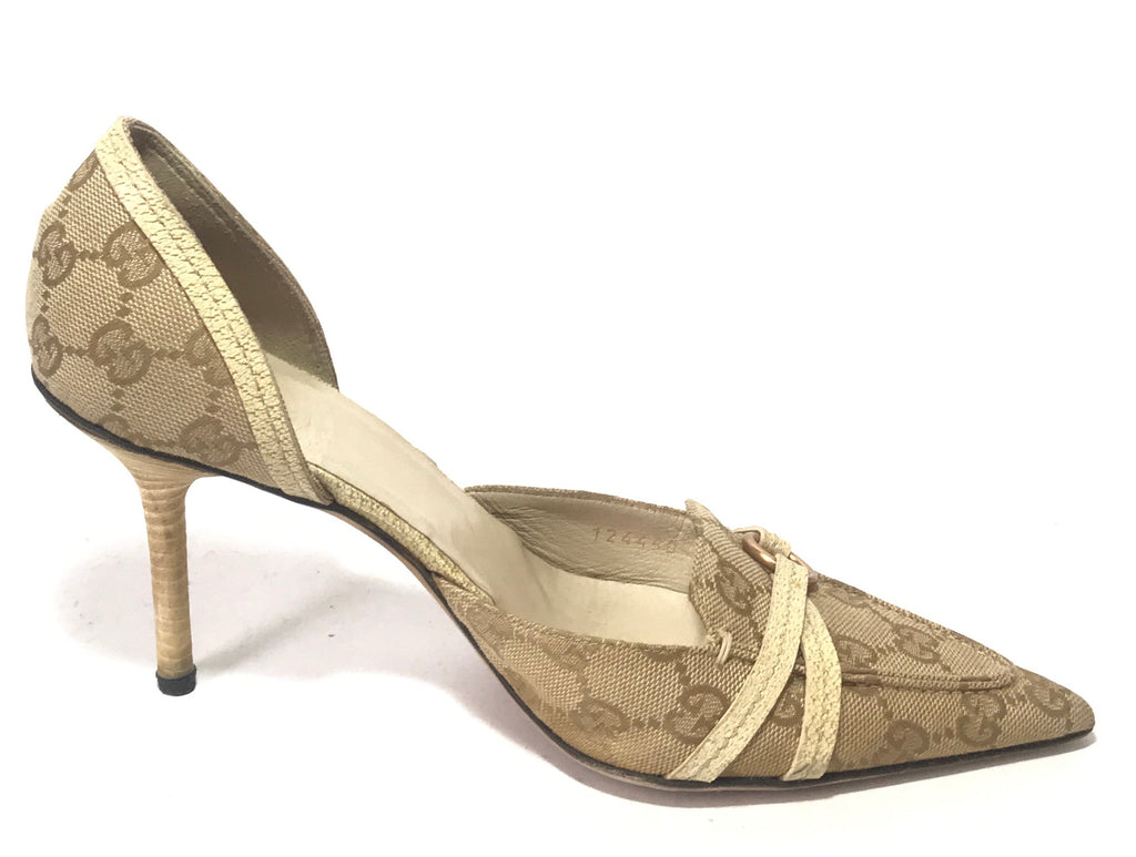 Gucci Monogram & Leather Pointed Pumps | Pre Loved |