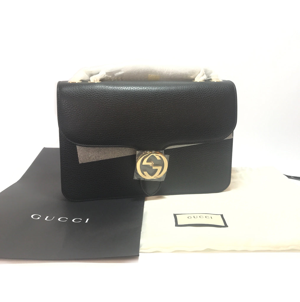 Gucci Black Interlocking GG Pebbled Leather Large Shoulder Bag | Brand New |
