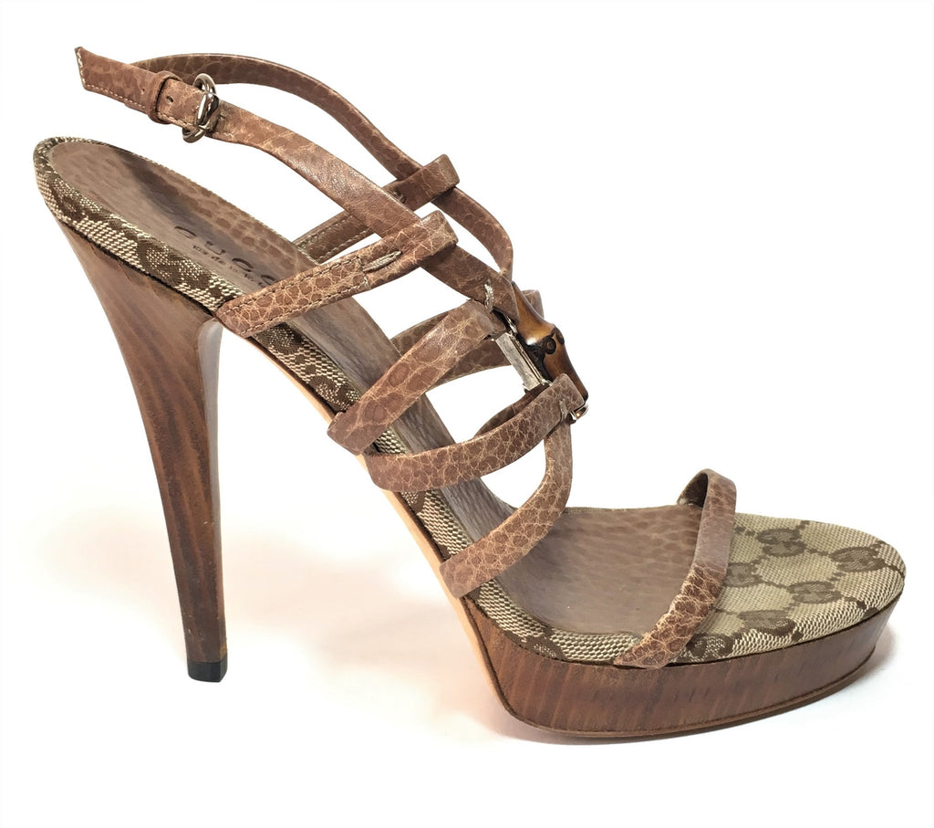 Gucci Brown Leather & Signature Monogram Canvas Strappy Heels | Gently Used |