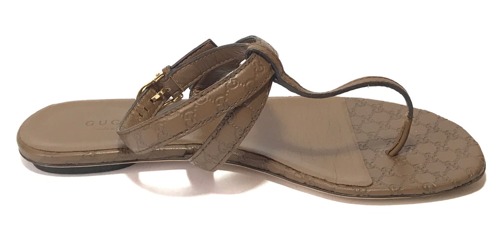 Gucci Brown Monogram Thong Leather Sandals | Pre Loved |