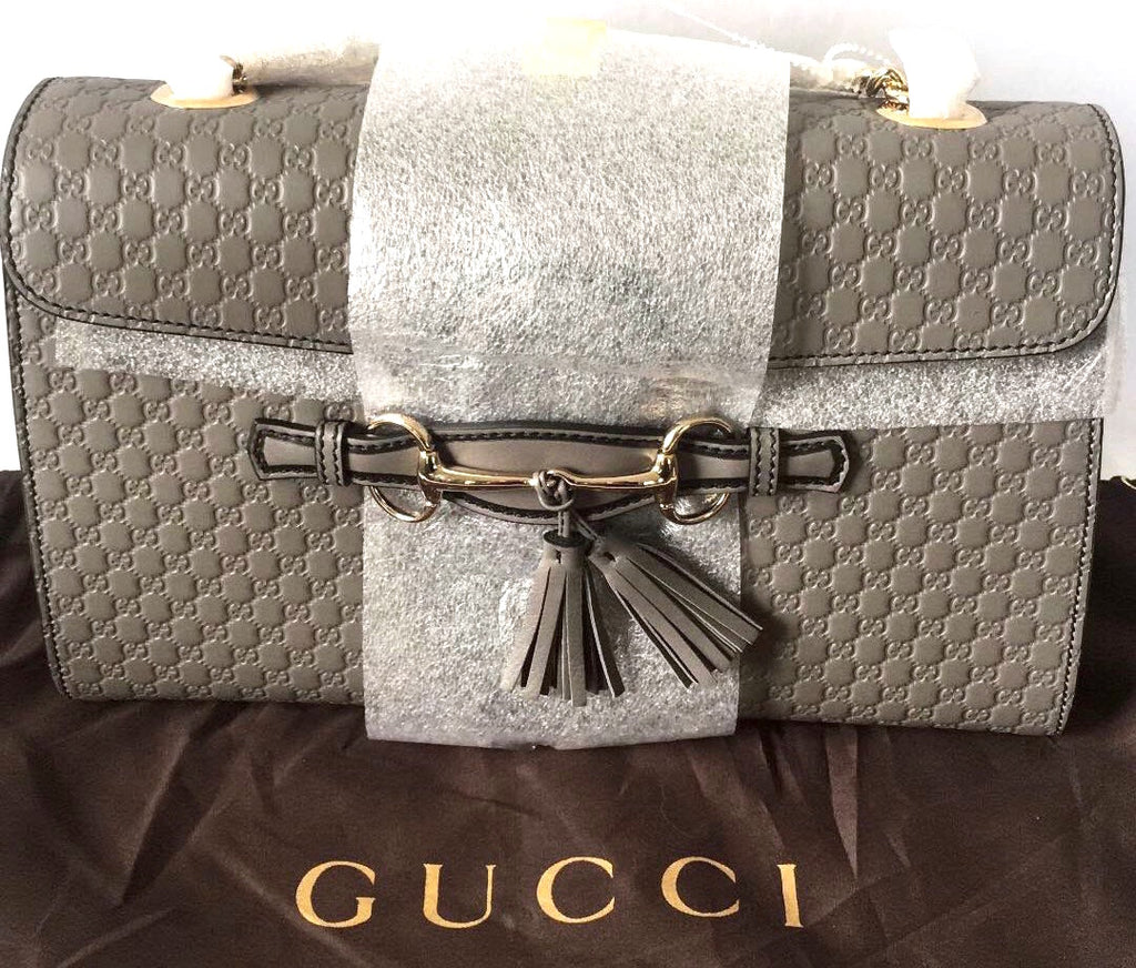 Gucci Grey Emily Guccisma Medium Leather Chain Shoulder Bag | Brand New |