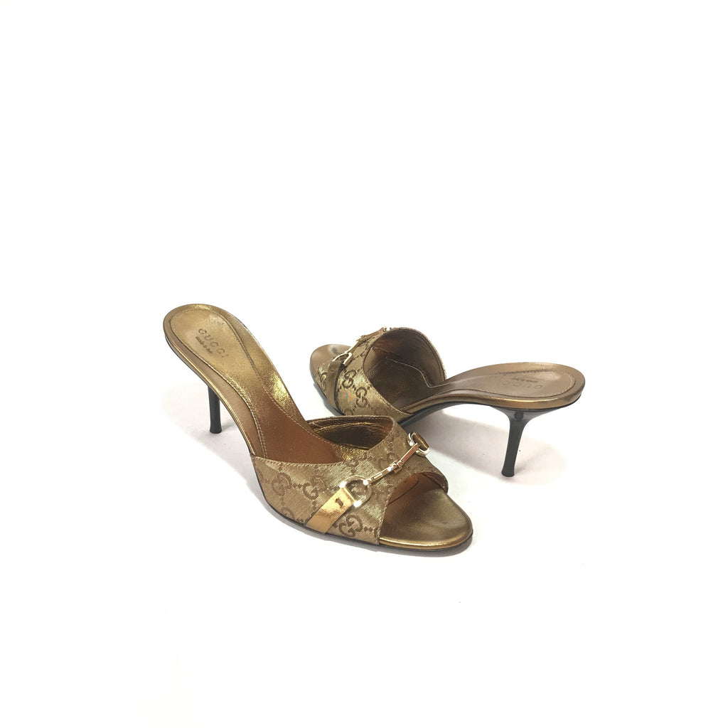 Gucci GG Ebony Horsebit Gold Monogram Heels | Pre Loved |