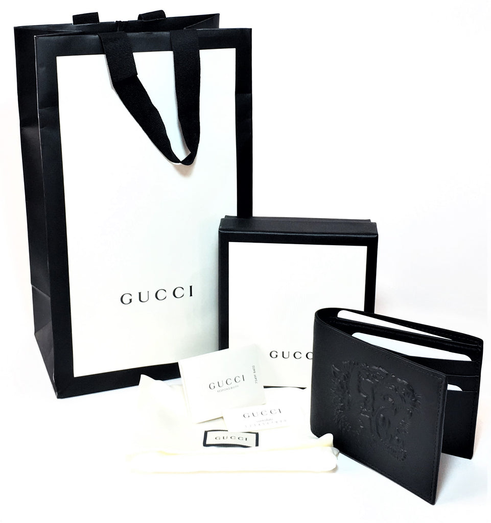 Gucci Men's Tiger Embossed Black Leather Bi-fold Wallet | Brand New |