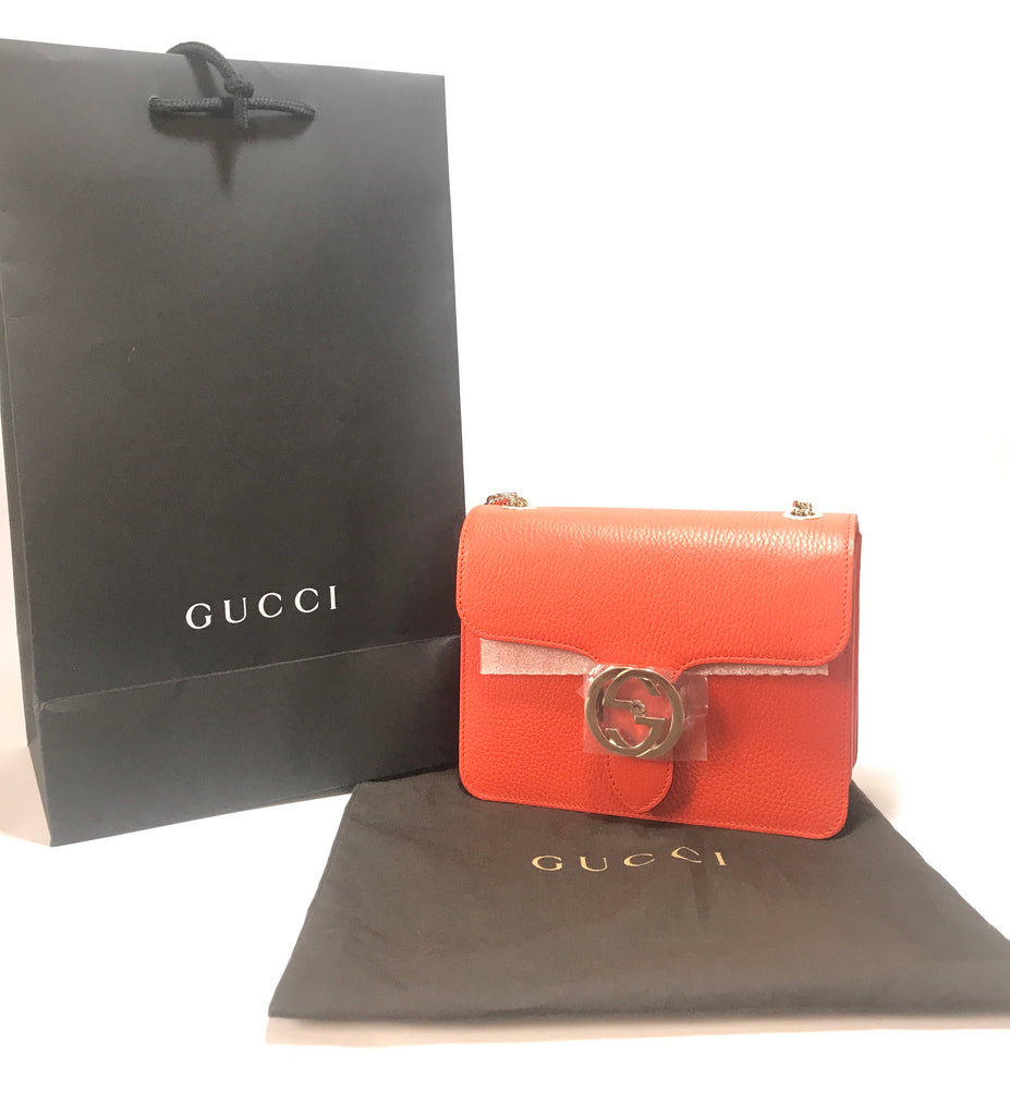 Gucci Orange Interlocking GG Pebbled Leather Small Shoulder Bag | Brand New |