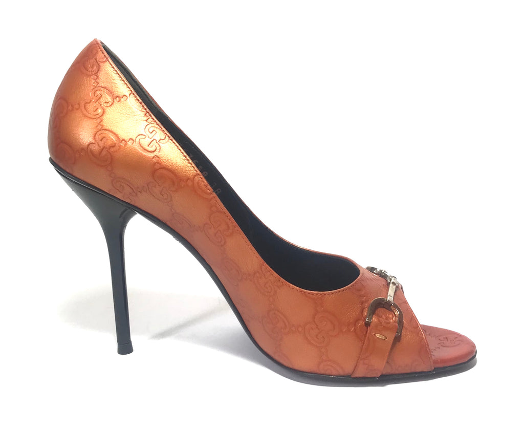 Gucci Orange Metallic Horse-bit Peep Toe Heels | Pre Loved |