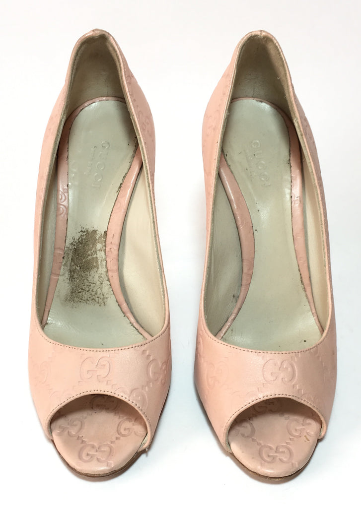 Gucci Nude Pink & White Guccissima Textured Leather Peep-toe Pumps | Pre Loved |