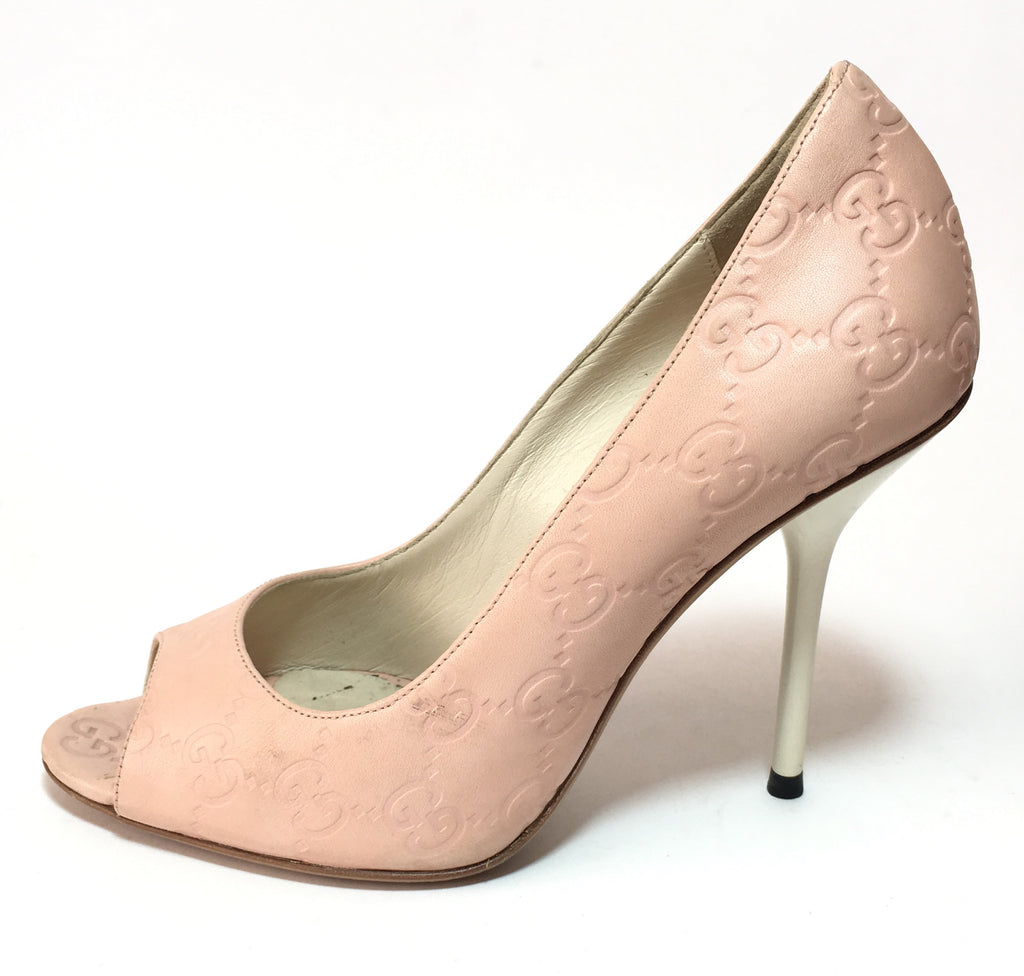 Gucci Nude Pink & White Guccissima Textured Leather Peep-toe Pumps | Pre Loved |