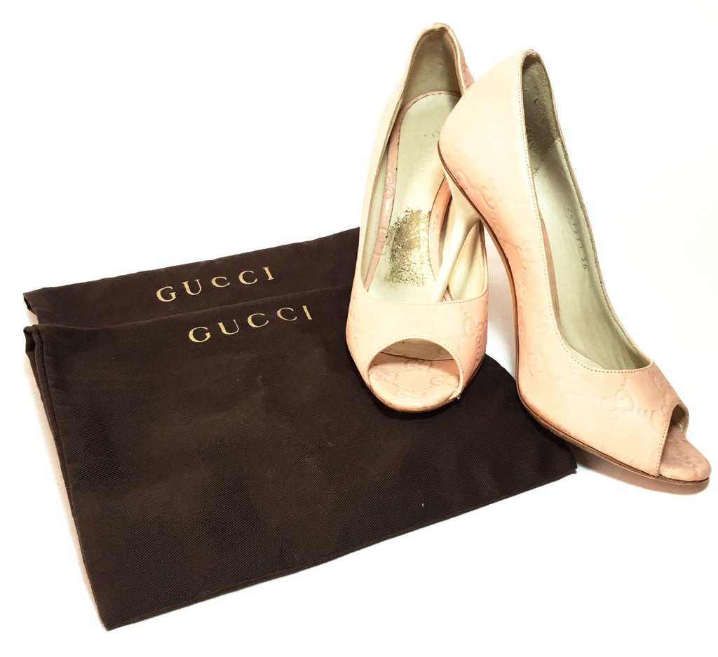 Gucci Nude Pink & White Guccissima Textured Leather Peep-toe Pumps | Pre Loved |