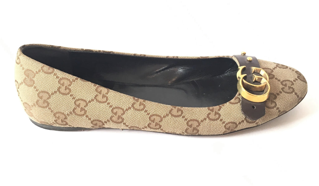 Gucci Monogrammed Canvas with Leather Trim Ballet Flats | Gently Used |