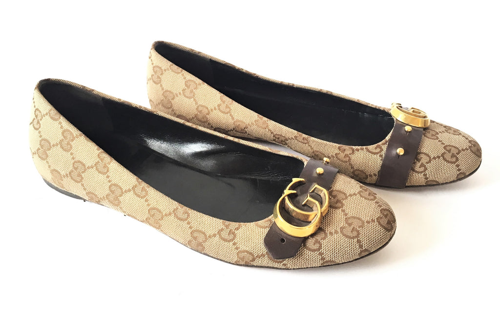 Gucci Monogrammed Canvas with Leather Trim Ballet Flats | Gently Used |