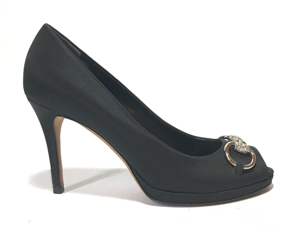 Gucci Black Satin Crystal Horse-bit Peep Toe Pumps | Pre Loved |