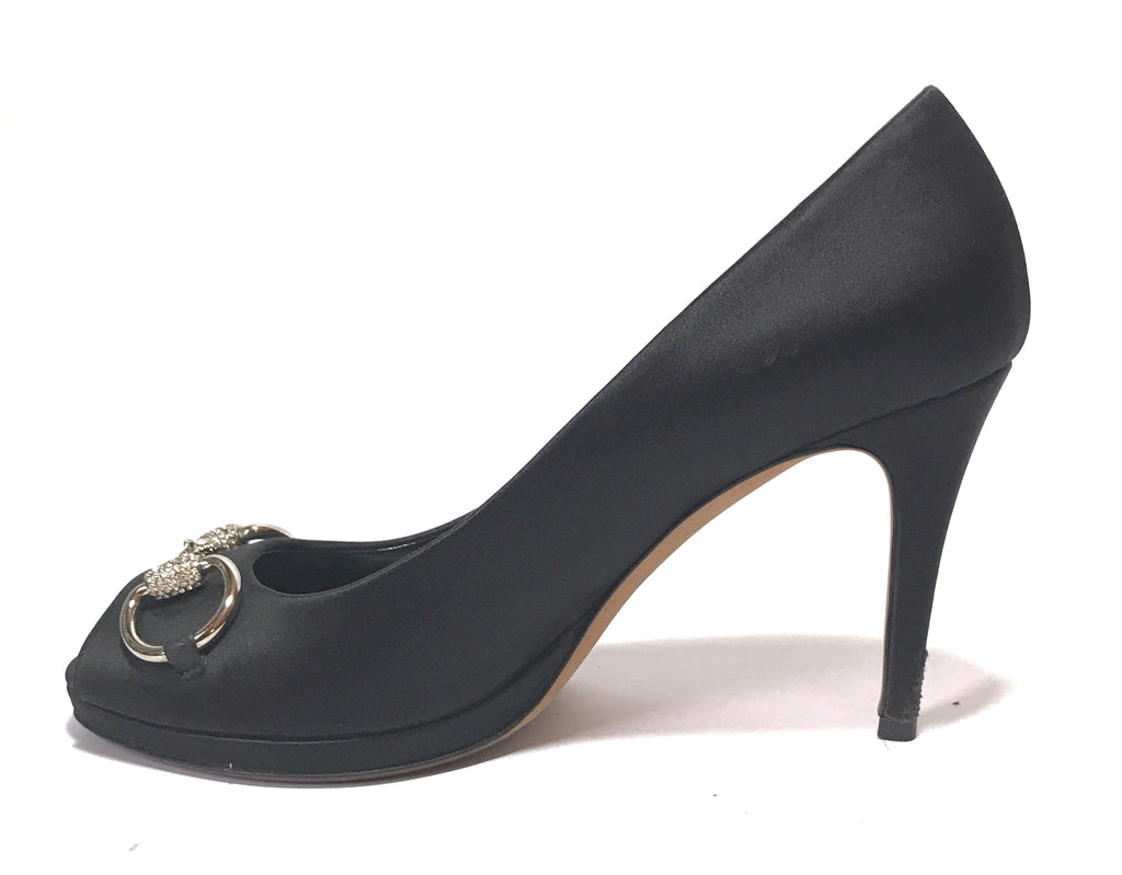 Gucci Black Satin Crystal Horse bit Peep Toe Pumps Pre Loved