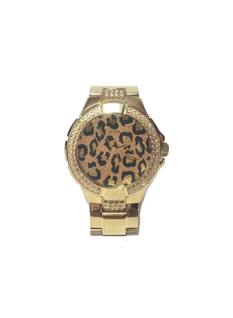 GUESS Leopard Print Rhinestone Gold Watch | Pre Loved |