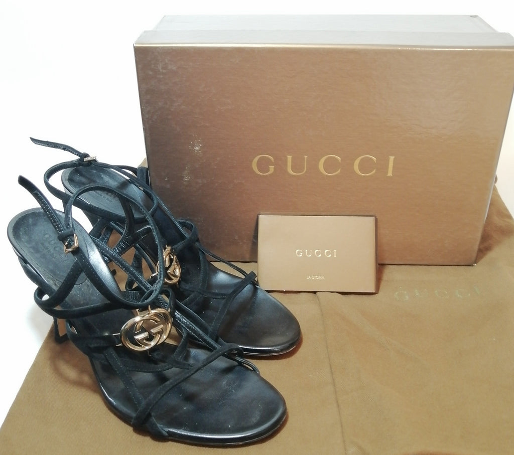 Gucci Black Suede Strappy Logo Stiletto Heels