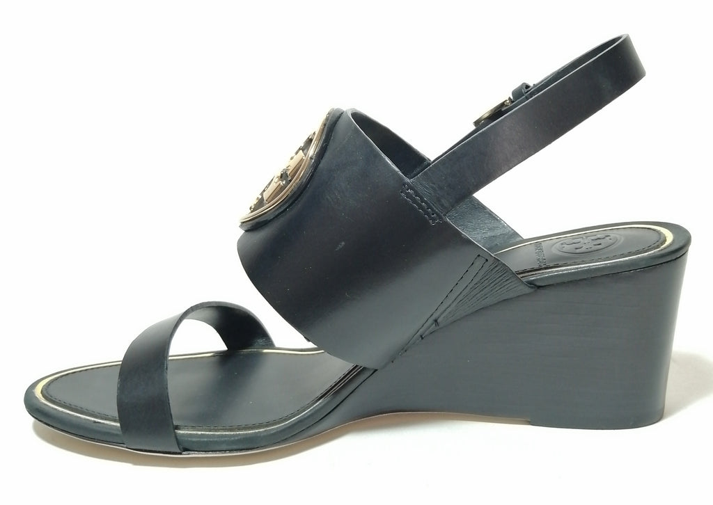 Tory Burch Black Miller Metal Logo Wedge Sandals